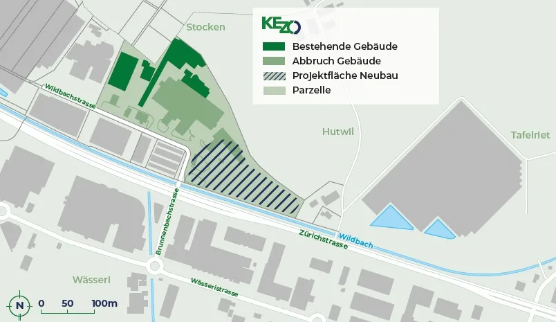 Eine Übersichtskarte des Neubauprojekts der Kezo in Hinwil.